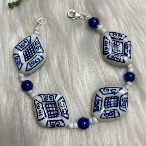 Vintage 925 porcelain blue and white painted bracelet